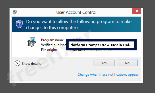 Screenshot where Platform Prompt (New Media Holdings Ltd.) appears as the verified publisher in the UAC dialog